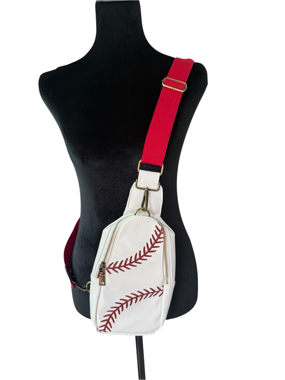 White Faux Leather Baseball Sling Bag Red Strap Crossbody Sporty Purse.